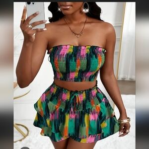Smocked Ruffled Mini Skirt in Multicolor Print